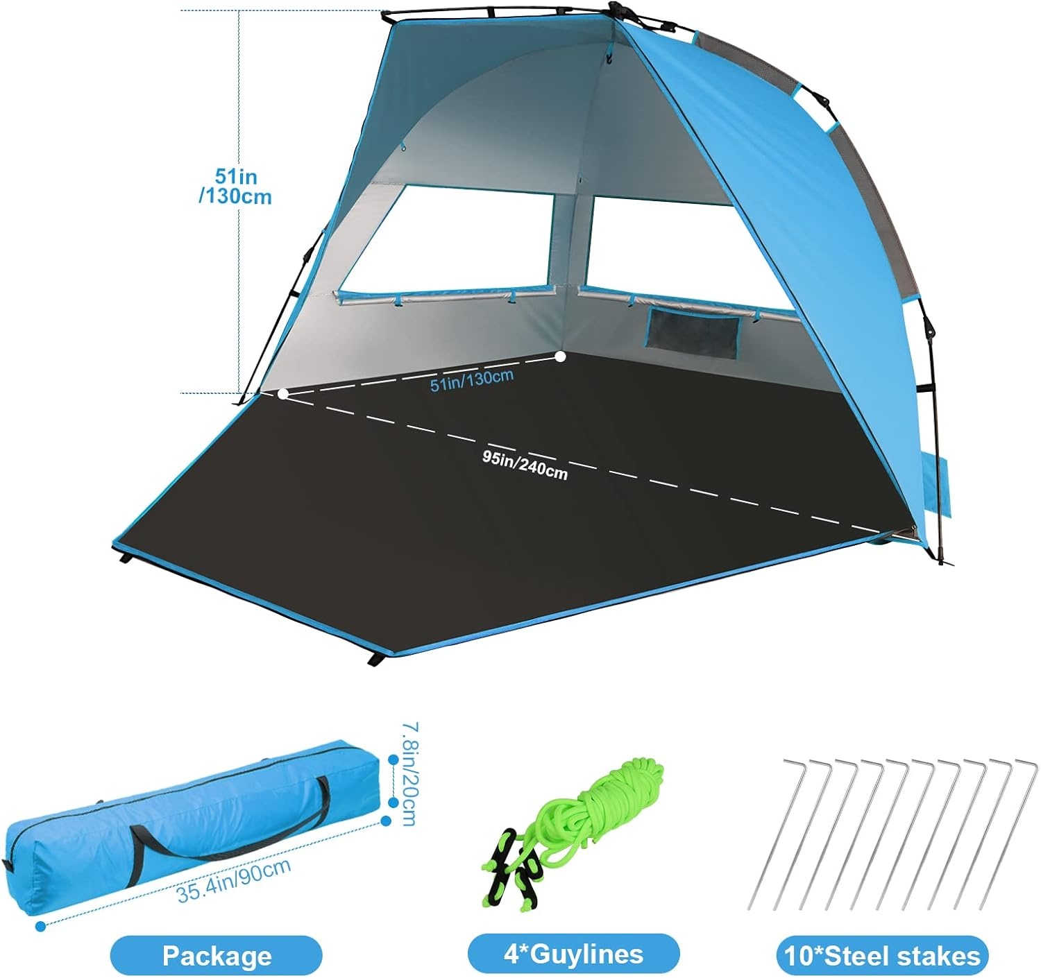 TAGVO Strandtent, waterdicht, draagbaar, voor 3-4 personen, zonwering, UPF 50+ ademende tent voor kamperen