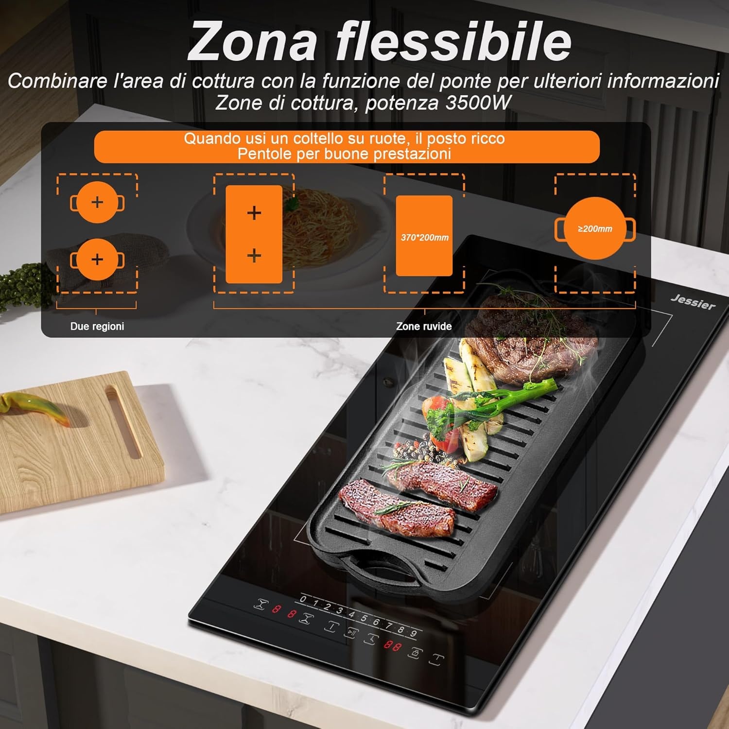 Induction Hob 30cm 3500W Plug in, Jessier 2 Zones Electric Hob with Flexible Zone for BBQ, Built-in Hob with 9 Power Levels Setting, Pause Function, Timer, Child Lock Black