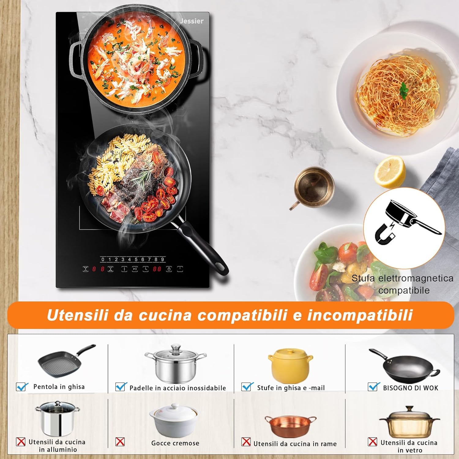 Induction Hob 30cm 3500W Plug in, Jessier 2 Zones Electric Hob with Flexible Zone for BBQ, Built-in Hob with 9 Power Levels Setting, Pause Function, Timer, Child Lock Black