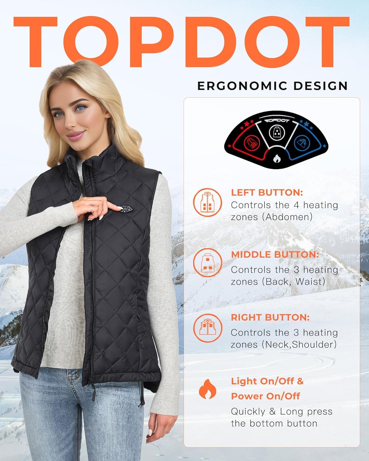 Topdot Gewatteerd verwarmd vest voor dames met 16000mAh 7,4V accupakket, Lights-Out Design 10 verwarmingszones verwarmd damesvest