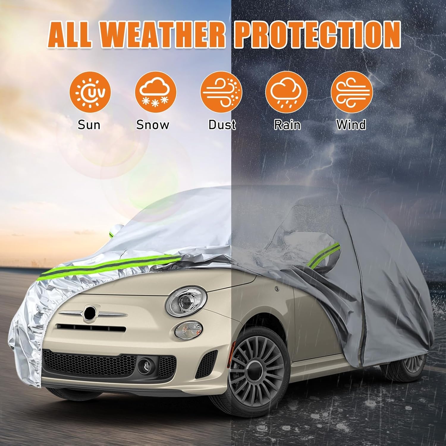 Autohoes, outdoor, waterdicht, geschikt voor 2007-2024, Fiat 500, 500C, 500E, Abarth 500, zomer, volledige garage, autozeil, afdekzeil, buitenafdekking voor regen, zon, stof, uv-bescherming,