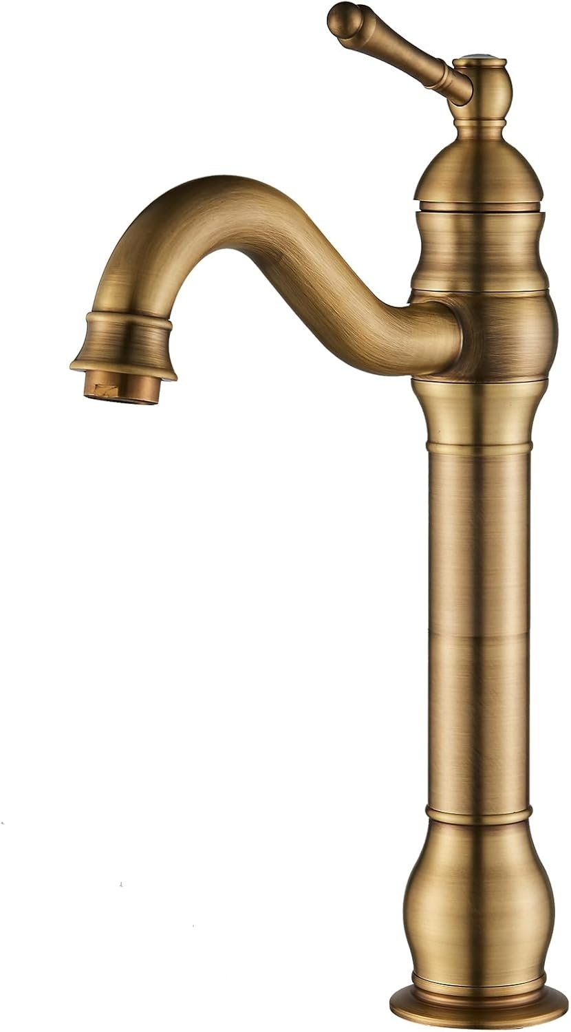 Rozin Kraan Badkamer Antiek Messing Retro Hoge Wastafelkraan 360° Draaibaar Eengreeps Wastafelkraan Badkraan van Messing voor Badkamer