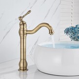 Rozin Kraan Badkamer Antiek Messing Retro Hoge Wastafelkraan 360° Draaibaar Eengreeps Wastafelkraan Badkraan van Messing voor Badkamer