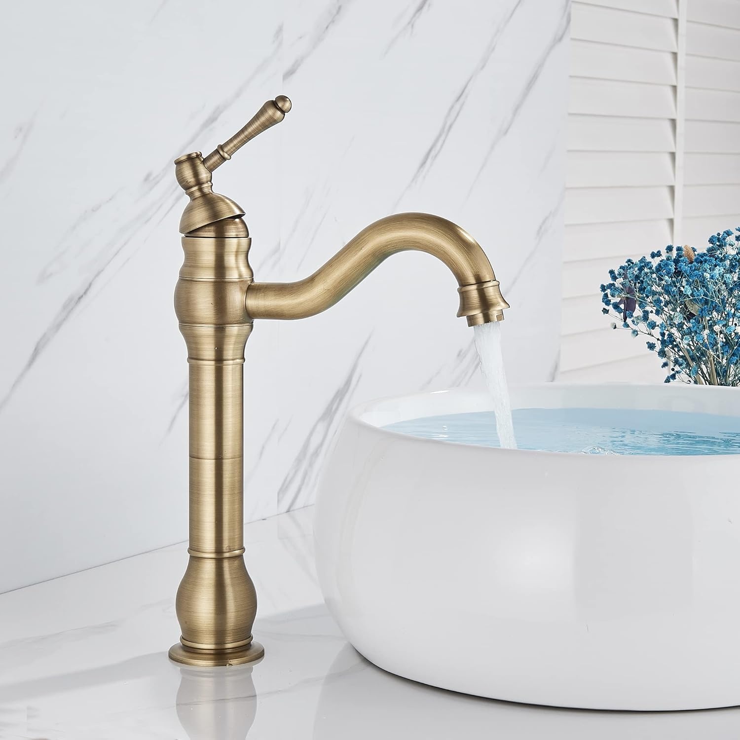 Rozin Kraan Badkamer Antiek Messing Retro Hoge Wastafelkraan 360° Draaibaar Eengreeps Wastafelkraan Badkraan van Messing voor Badkamer