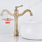 Rozin Kraan Badkamer Antiek Messing Retro Hoge Wastafelkraan 360° Draaibaar Eengreeps Wastafelkraan Badkraan van Messing voor Badkamer