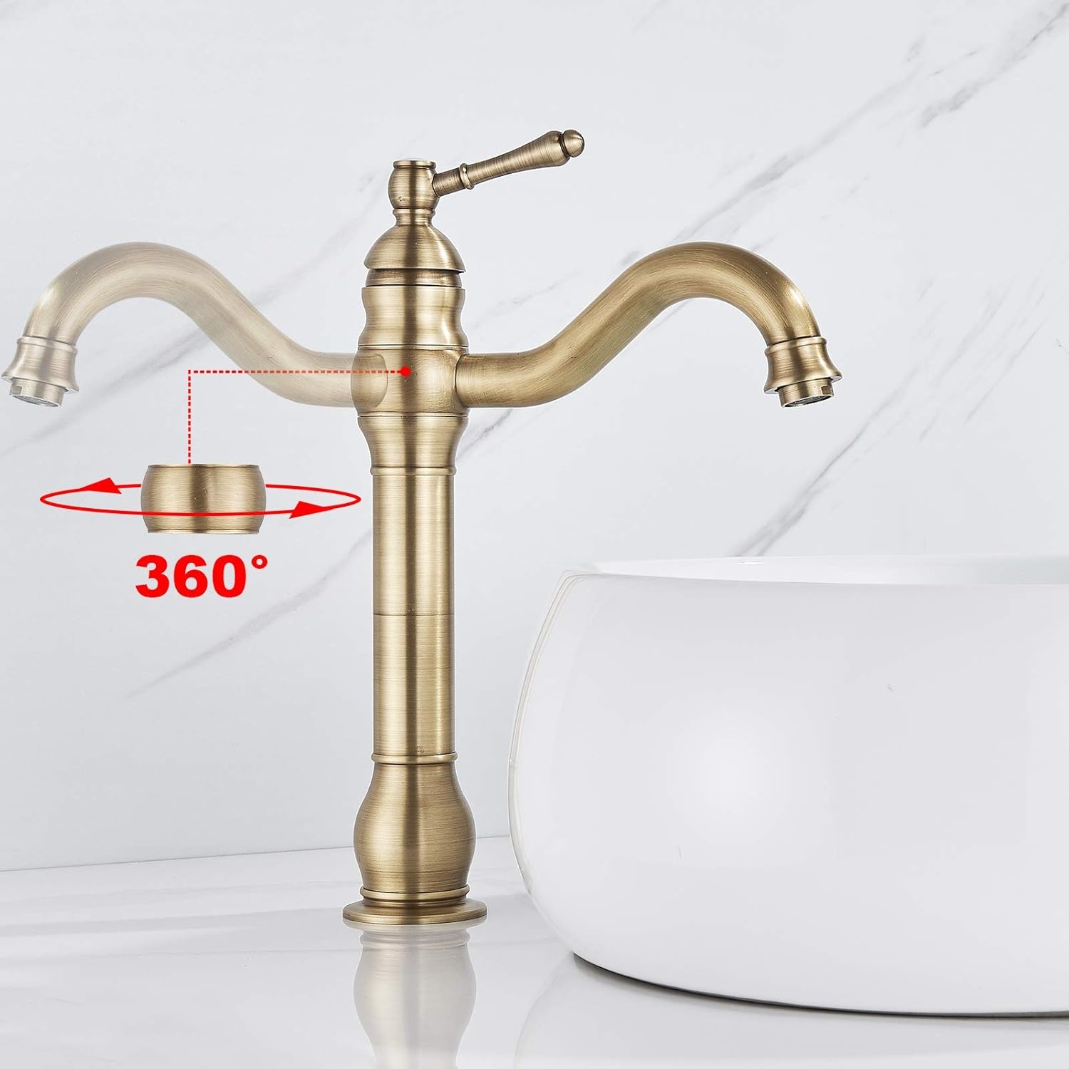 Rozin Kraan Badkamer Antiek Messing Retro Hoge Wastafelkraan 360° Draaibaar Eengreeps Wastafelkraan Badkraan van Messing voor Badkamer
