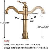Rozin Kraan Badkamer Antiek Messing Retro Hoge Wastafelkraan 360° Draaibaar Eengreeps Wastafelkraan Badkraan van Messing voor Badkamer