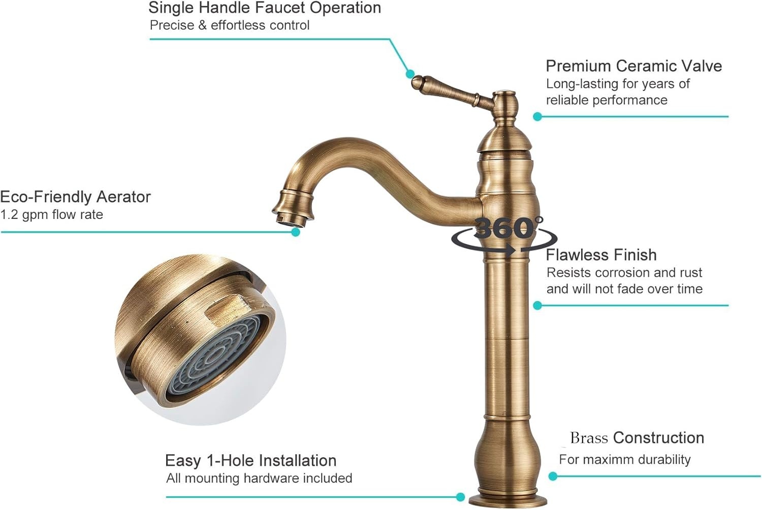 Rozin Kraan Badkamer Antiek Messing Retro Hoge Wastafelkraan 360° Draaibaar Eengreeps Wastafelkraan Badkraan van Messing voor Badkamer