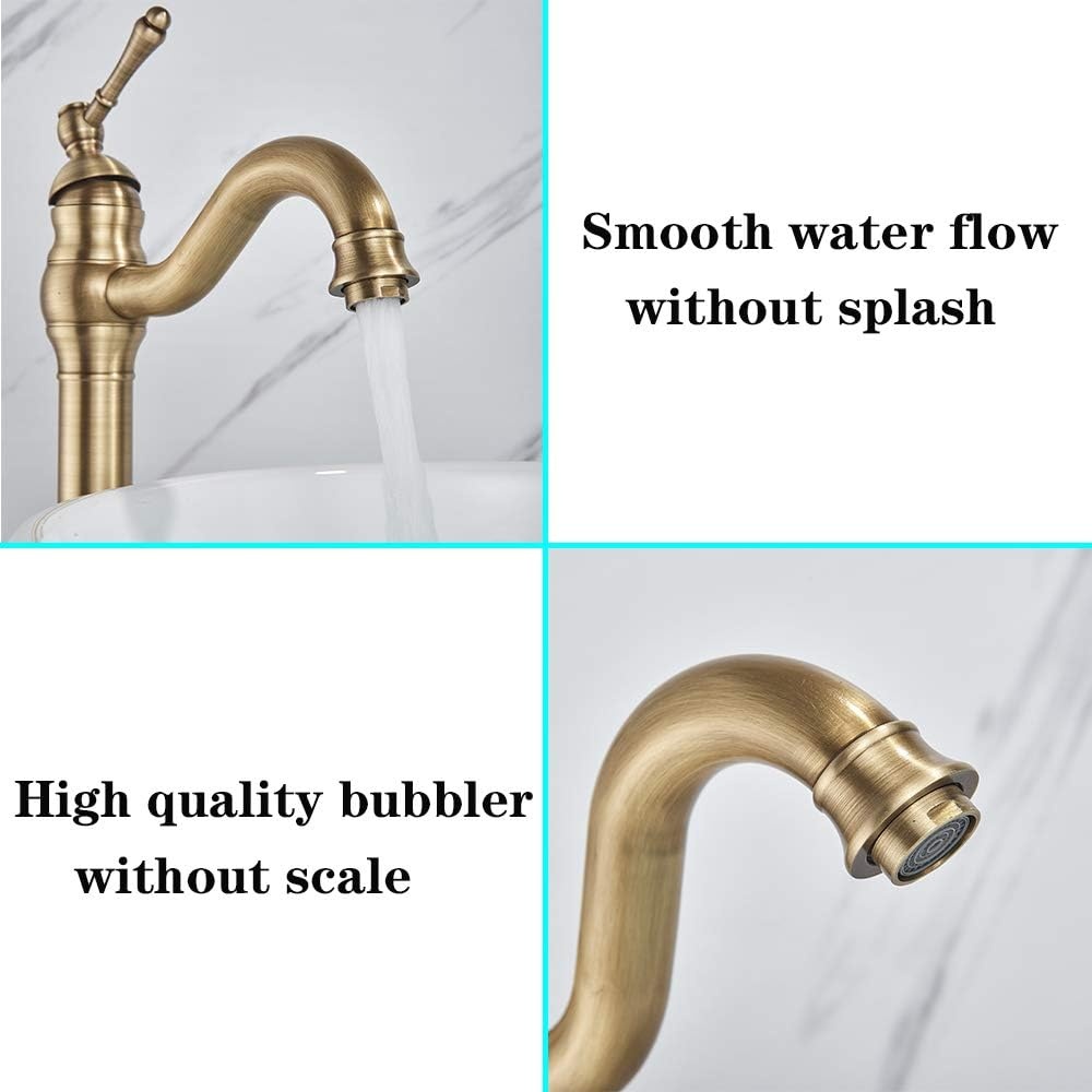 Rozin Kraan Badkamer Antiek Messing Retro Hoge Wastafelkraan 360° Draaibaar Eengreeps Wastafelkraan Badkraan van Messing voor Badkamer