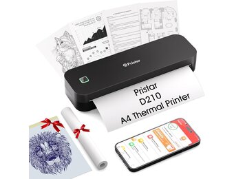 Pristar D210 thermische printer A4, draagbare printer compatibel met iOS/Android en laptops, mobiele printer A4 voor onderweg, kantoor, auto, school, thuis, bluetooth thermische printer, tattoo, zwart