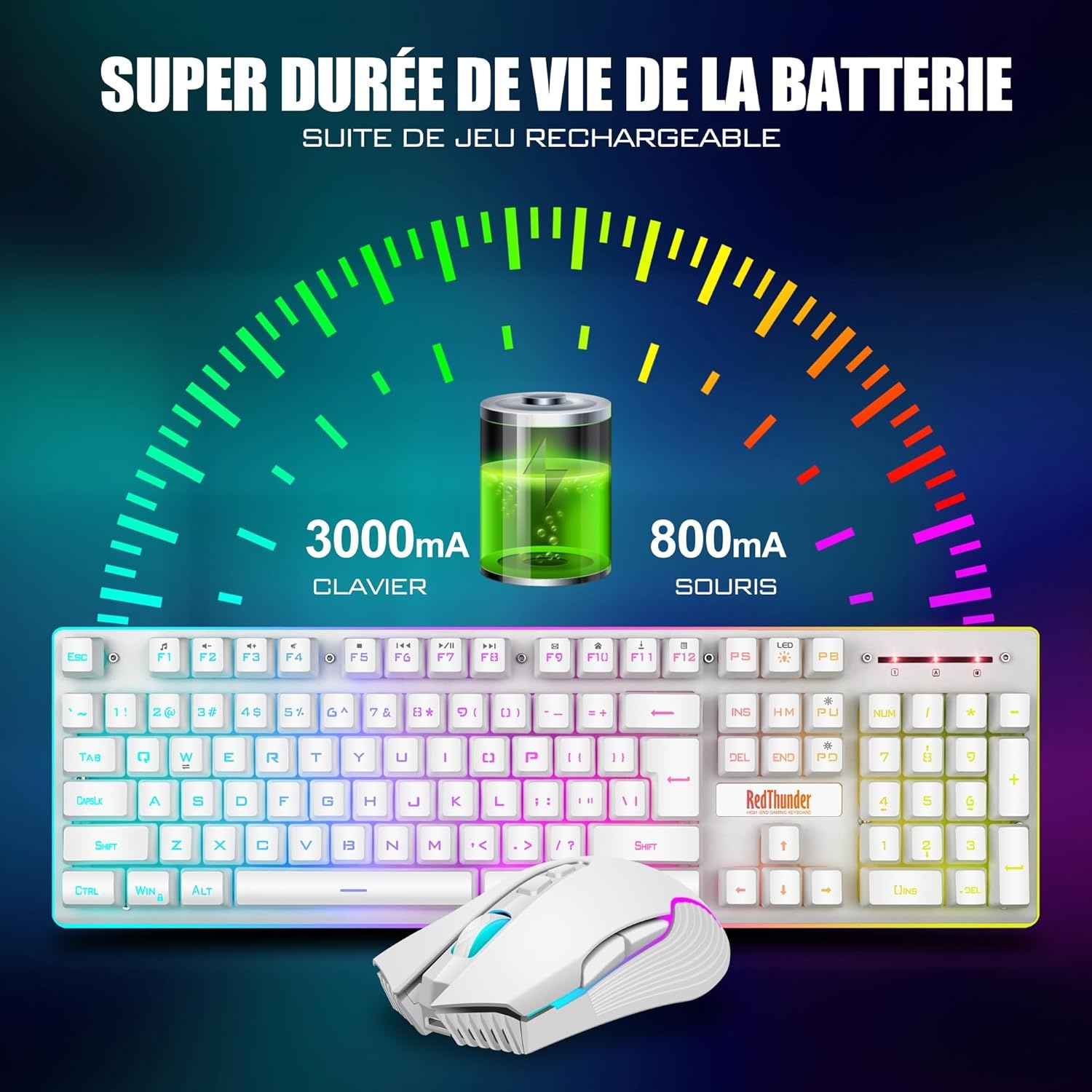 RedThunder K10 Set mit Tastatur und Maus, kabellos, Gaming-Tastatur, Hintergrundbeleuchtung, französisches AZERTY, wiederaufladbare Akkus, Gaming-Maus 3200 DPI für PC PS5 Xbox One Gamer (weiß)