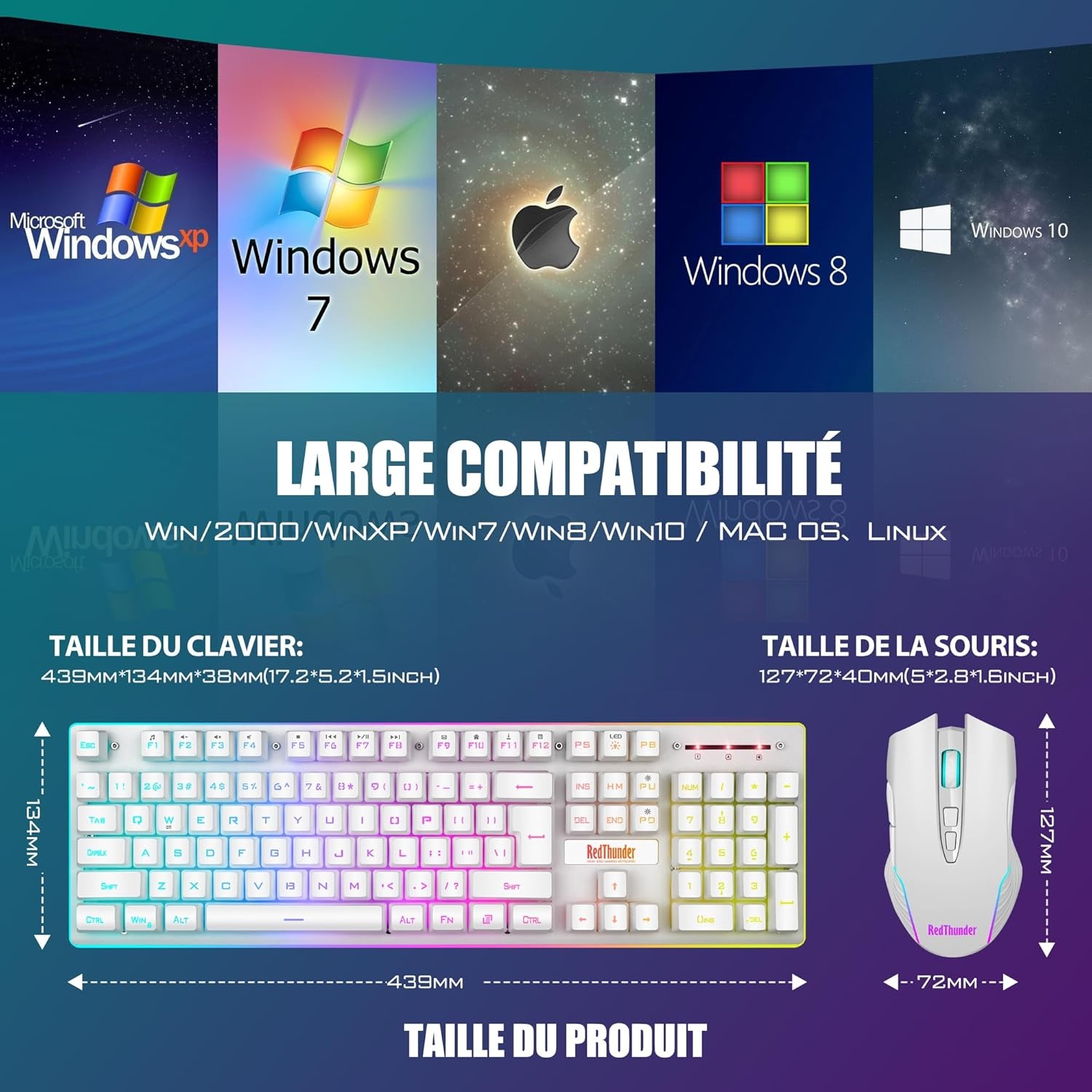 RedThunder K10 Set mit Tastatur und Maus, kabellos, Gaming-Tastatur, Hintergrundbeleuchtung, französisches AZERTY, wiederaufladbare Akkus, Gaming-Maus 3200 DPI für PC PS5 Xbox One Gamer (weiß)