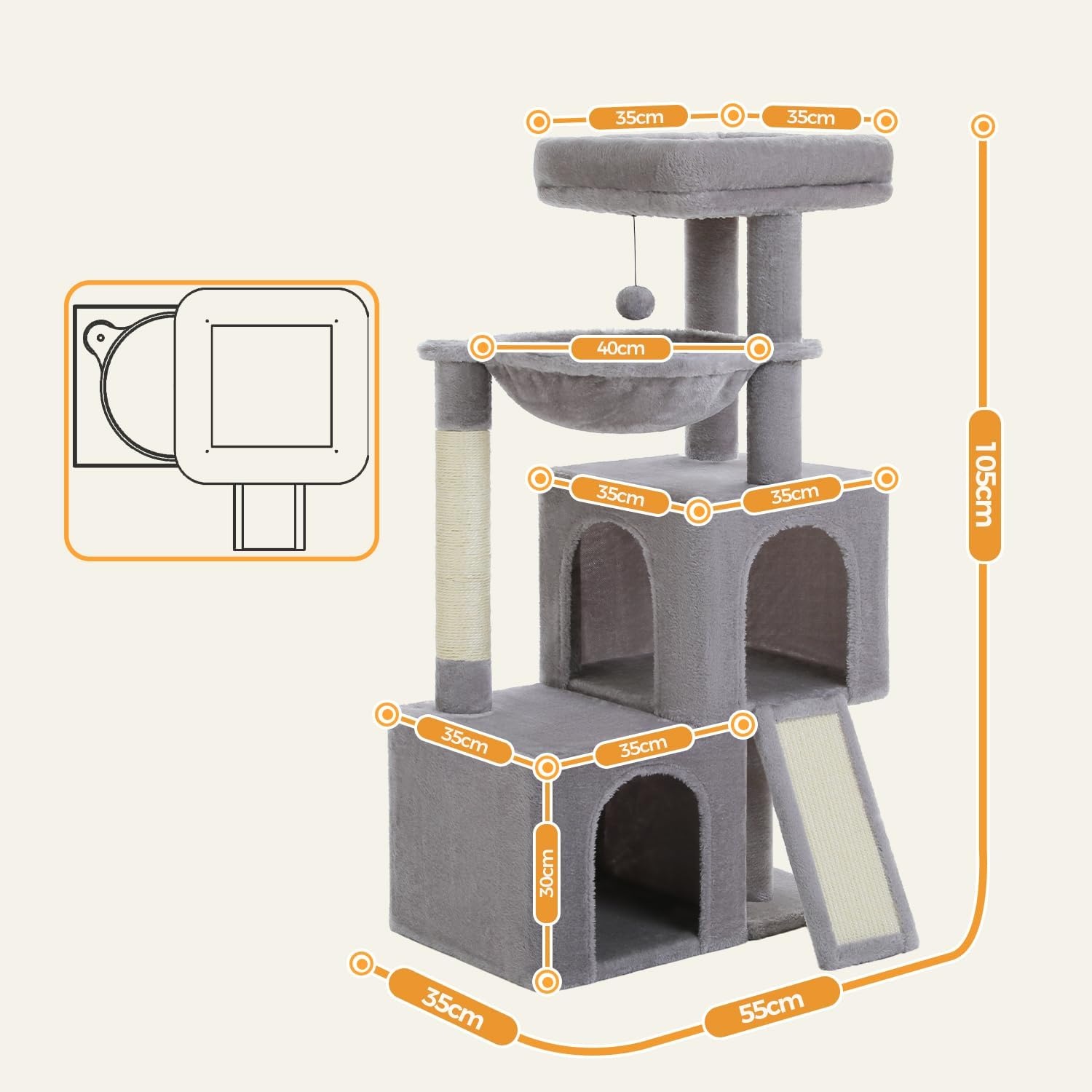 PETEPELA Krabpaal 104cm Grijs | 32% Korting | Ruime Holtes & Hangmat