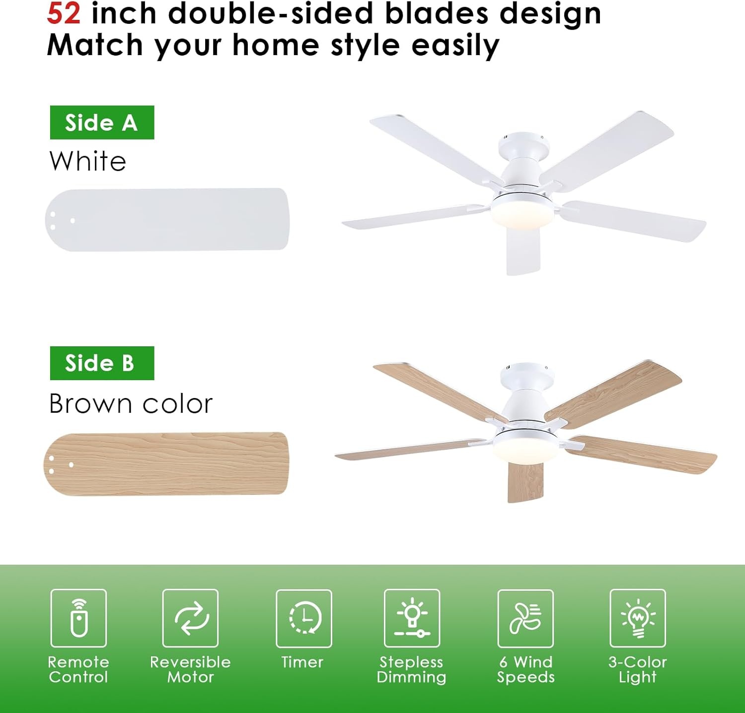 Shanggu Plafondventilator met Licht, 132cm, Wit - Nu 28% Korting!