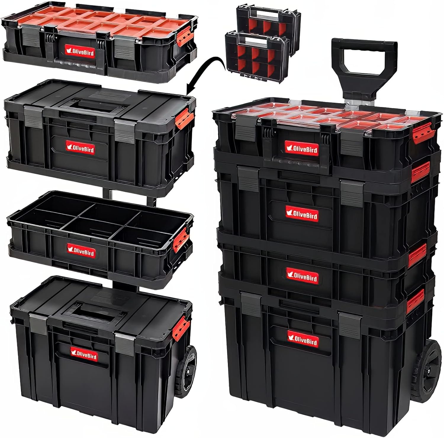 6-in-1 XL assortimentskoffer, werkplaatswagen, rolbox, mobiele werkplaatskoffer, kunststof schuifladen, gereedschapskoffer op wielen