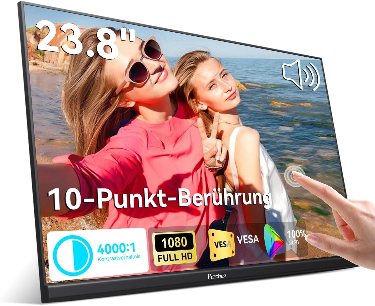 23,8" Großer Portable Touchscreen-Monitor, 100% sRGB VA FHD 1080P, 4000:1 Kontrast, VESA, Lautsprecher, 90° Verstellbarem Ständer, USB-C HDMI, 75Hz Tragbarer Touch Bildschirm für Laptop/PC/Smartphone