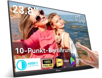 23,8" Großer Portable Touchscreen-Monitor, 100% sRGB VA FHD 1080P, 4000:1 Kontrast, VESA, Lautsprecher, 90° Verstellbarem Ständer, USB-C HDMI, 75Hz Tragbarer Touch Bildschirm für Laptop/PC/Smartphone