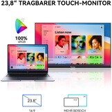 23,8" Großer Portable Touchscreen-Monitor, 100% sRGB VA FHD 1080P, 4000:1 Kontrast, VESA, Lautsprecher, 90° Verstellbarem Ständer, USB-C HDMI, 75Hz Tragbarer Touch Bildschirm für Laptop/PC/Smartphone