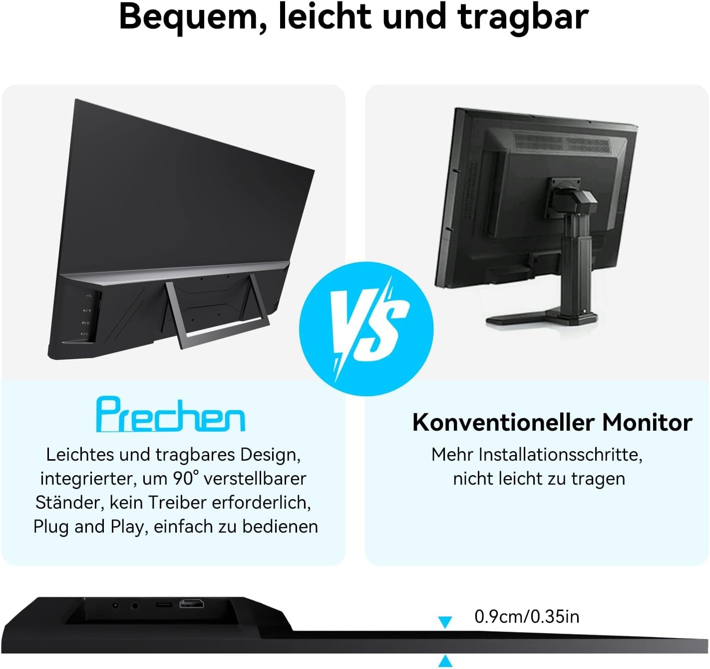 23,8" Großer Portable Touchscreen-Monitor, 100% sRGB VA FHD 1080P, 4000:1 Kontrast, VESA, Lautsprecher, 90° Verstellbarem Ständer, USB-C HDMI, 75Hz Tragbarer Touch Bildschirm für Laptop/PC/Smartphone