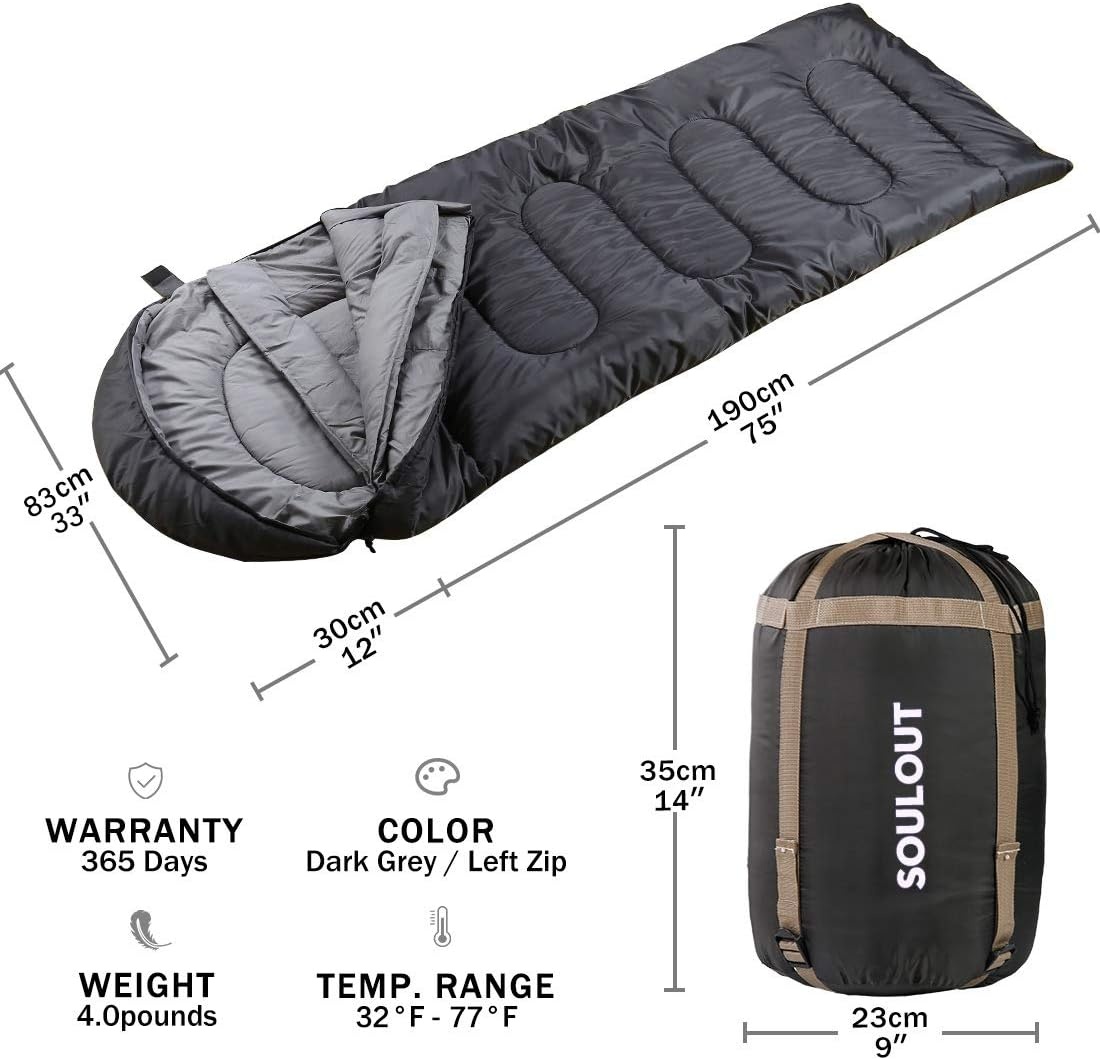 SOULOUT Sleeping Bag 3-4 Seasons, Waterproof Lightweight Blanket Sleeping Bag for Camping, Travel and Outdoor Activities, Ideal for Adults and Children, 220 x 83 cm