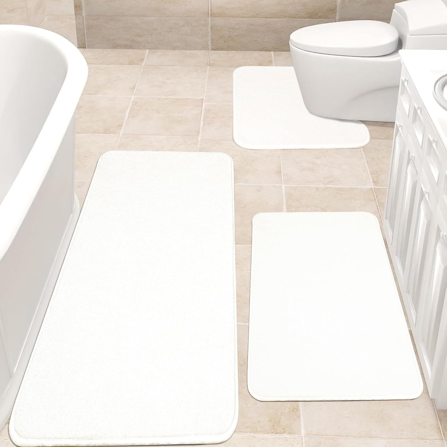 Lot de 2 Tapis Salle de Bain, Tapis WC Contour et Tapis de Bain Blanc, Microfibre Antidérapants Lavable en Machine, 50 x 80 cm + 50 x 40 cm