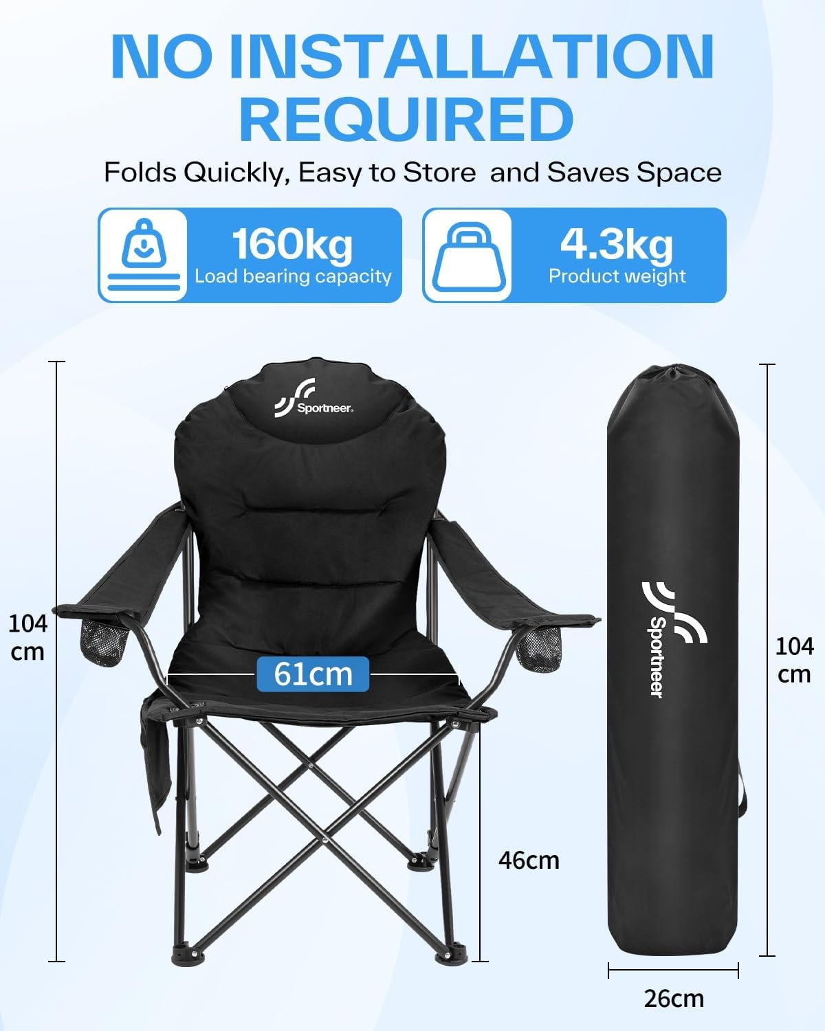 Sportneer Campingstoel - Opvouwbaar (160kg) met 3 standen, 27% Korting!
