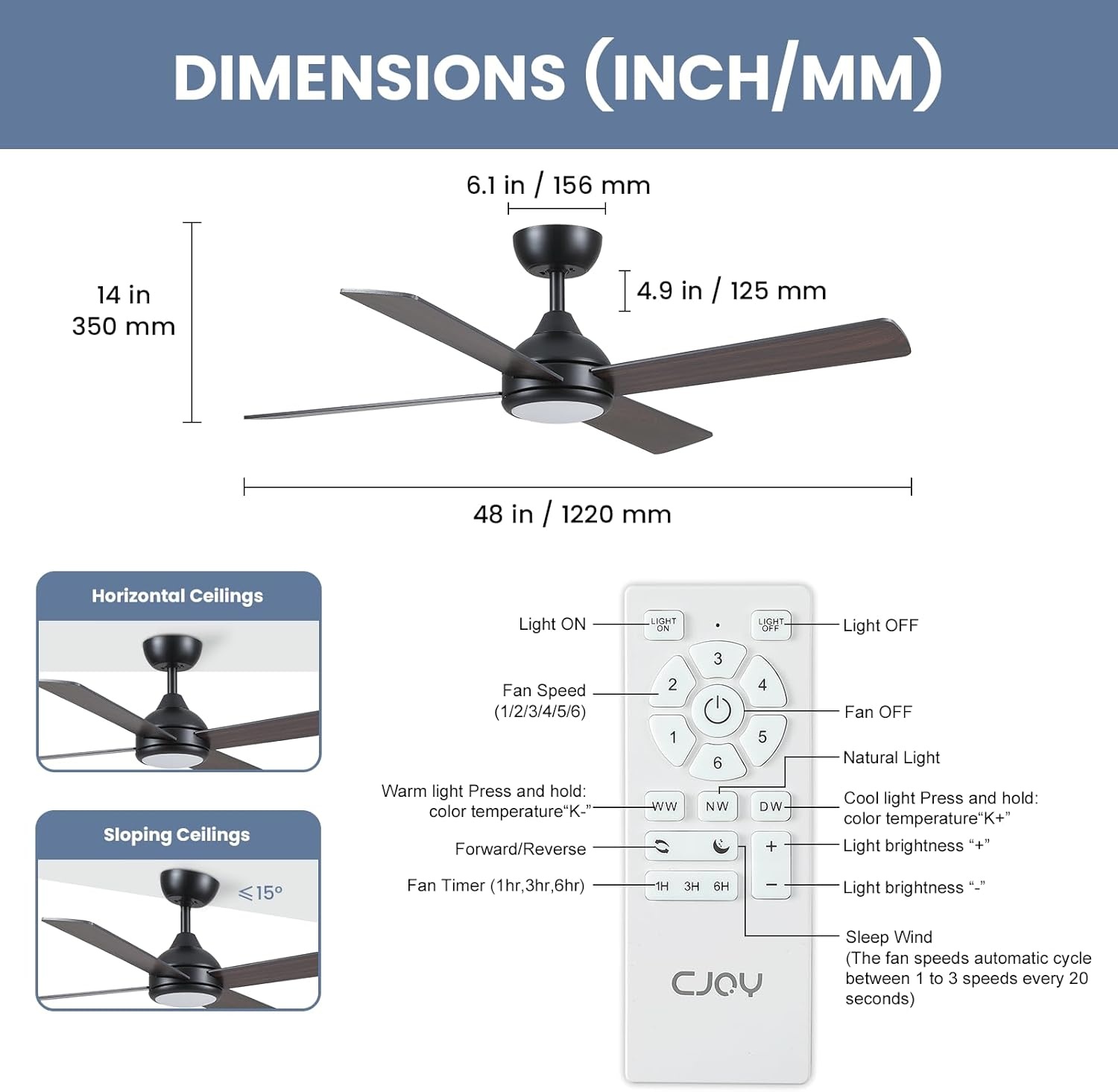 CJOY Plafondventilator met Licht (122cm, DC-motor) - 29% Korting!