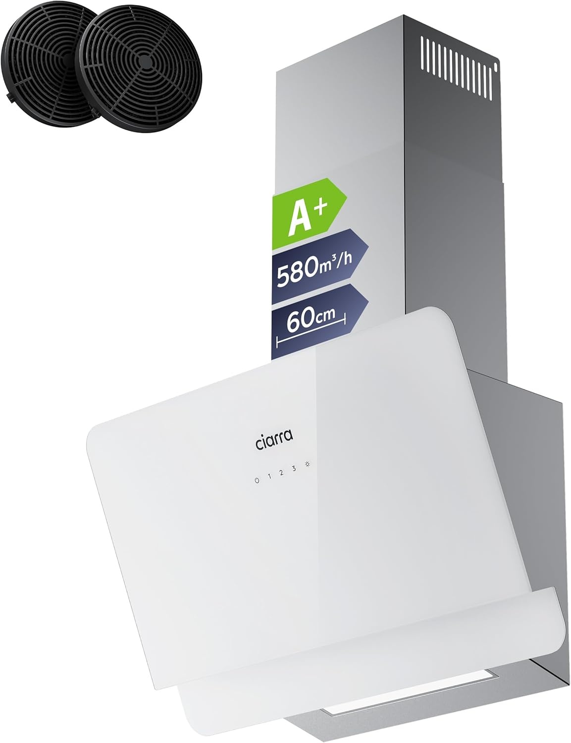 CIARRA CBCS6765C A+ 60cm Afzuigkap Zilveren Wandmontageafzuigkappen 580m³/u 3 Snelheden Touchbediening Recirculatie Afzuigkap met Koolstoffilter CBCF055 Geschikt voor Keukens