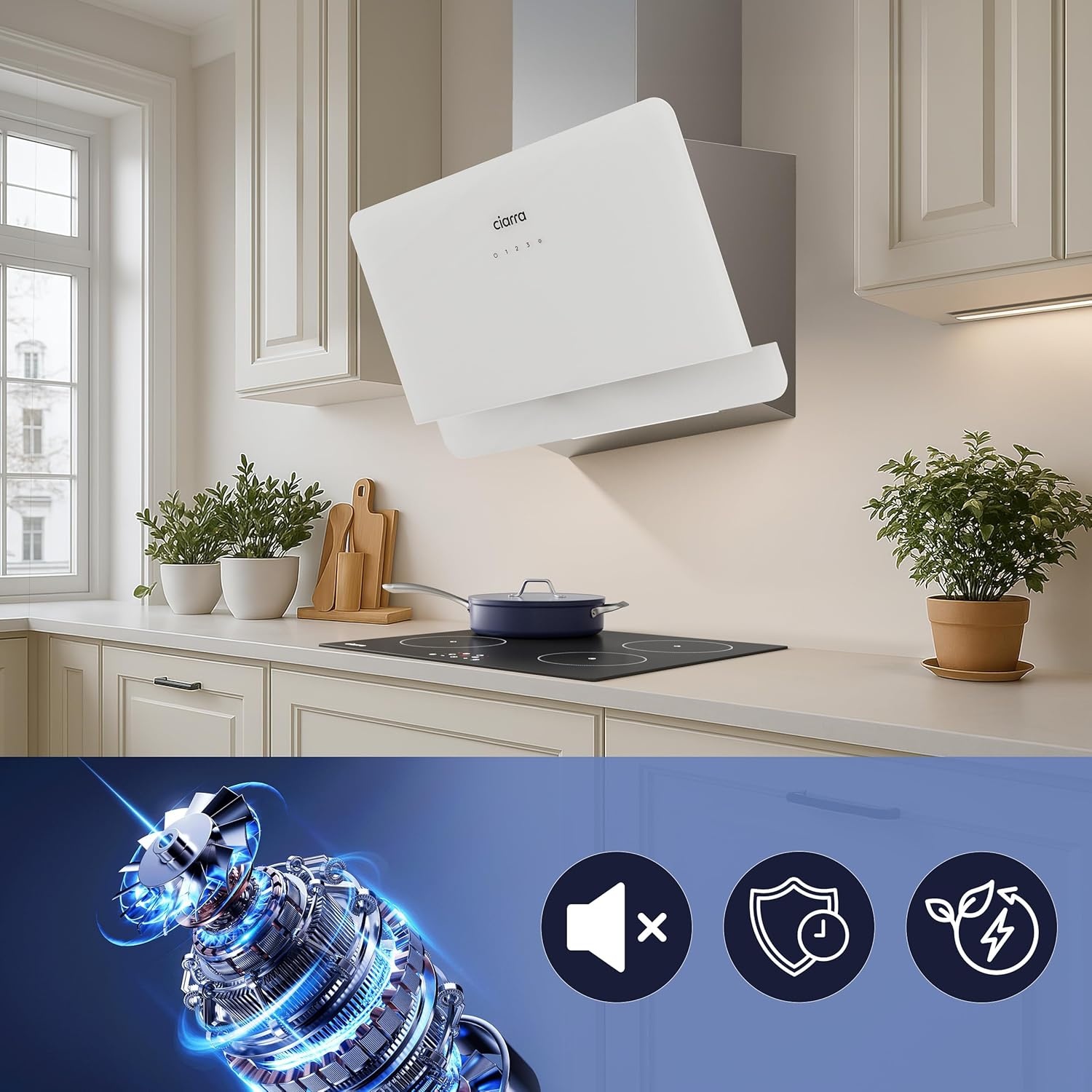 CIARRA CBCS6765C A+ 60cm Afzuigkap Zilveren Wandmontageafzuigkappen 580m³/u 3 Snelheden Touchbediening Recirculatie Afzuigkap met Koolstoffilter CBCF055 Geschikt voor Keukens