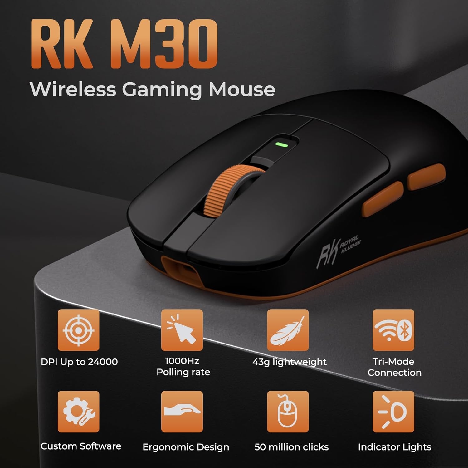 RK ROYAL KLUDGE M30 Gaming Mouse Wireless, 12000 DPI PixArt PAW3311 Sensor, 41 g Ultralight, 1000Hz Polling Rate, 2,4 G/USB-C/Bluetooth Muis Gaming, 250mAh, Volledig programmeerbare toetsen, Zwart