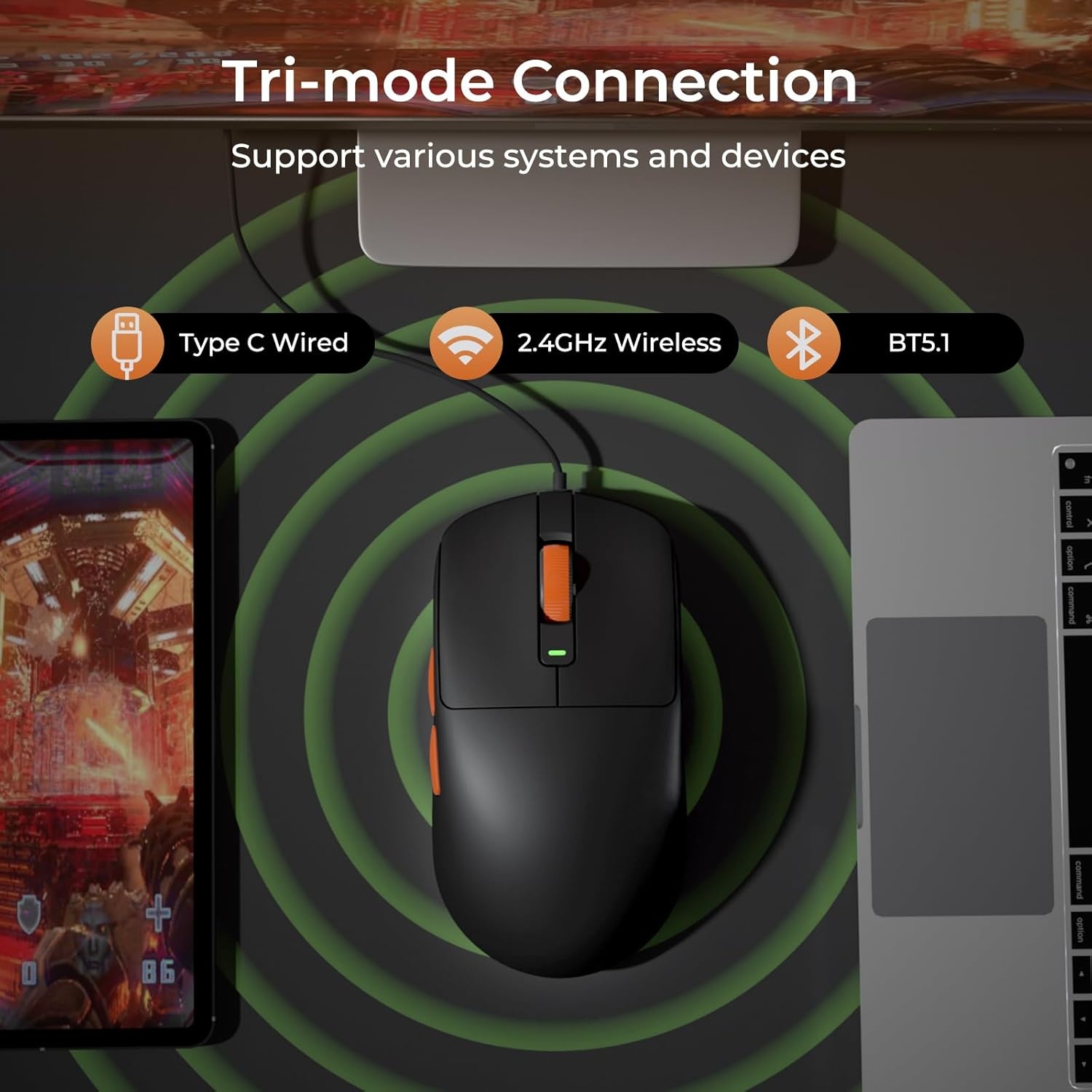 RK ROYAL KLUDGE M30 Gaming Mouse Wireless, 12000 DPI PixArt PAW3311 Sensor, 41 g Ultralight, 1000Hz Polling Rate, 2,4 G/USB-C/Bluetooth Muis Gaming, 250mAh, Volledig programmeerbare toetsen, Zwart