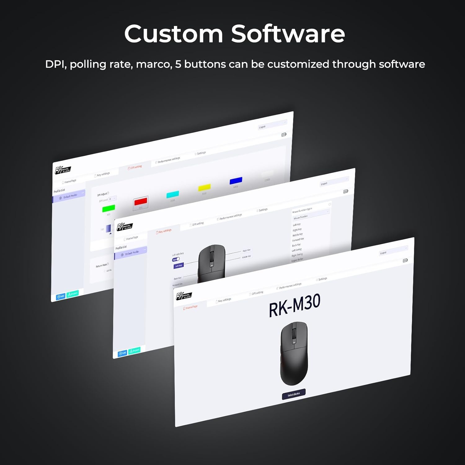 RK ROYAL KLUDGE M30 Gaming Mouse Wireless, 12000 DPI PixArt PAW3311 Sensor, 41 g Ultralight, 1000Hz Polling Rate, 2,4 G/USB-C/Bluetooth Muis Gaming, 250mAh, Volledig programmeerbare toetsen, Zwart