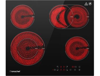 AMZCHEF Keramische kookplaat 60 cm, kookplaat 4 kookplaten 6600W met 9 standen, dual-zone en braadzone, ingebouwde kookplaat met automatische uitschakeling, timer, veiligheidsvergrendeling