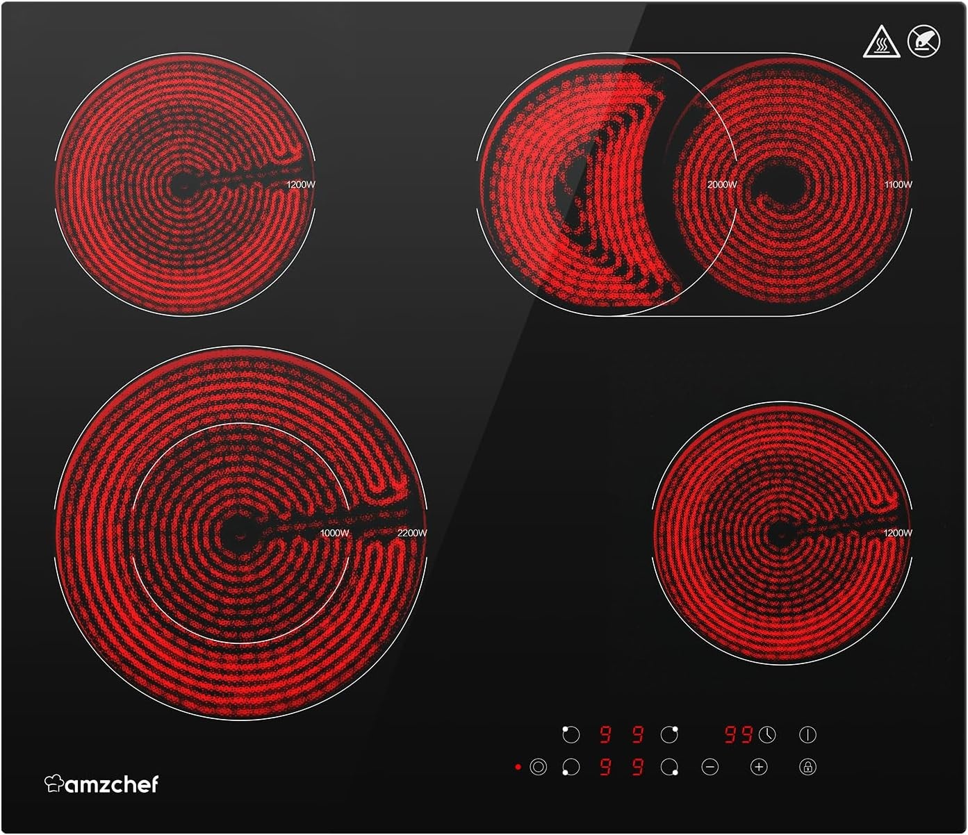 AMZCHEF Keramische kookplaat 60 cm, kookplaat 4 kookplaten 6600W met 9 standen, dual-zone en braadzone, ingebouwde kookplaat met automatische uitschakeling, timer, veiligheidsvergrendeling