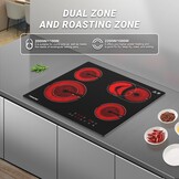 AMZCHEF Keramische kookplaat 60 cm, kookplaat 4 kookplaten 6600W met 9 standen, dual-zone en braadzone, ingebouwde kookplaat met automatische uitschakeling, timer, veiligheidsvergrendeling