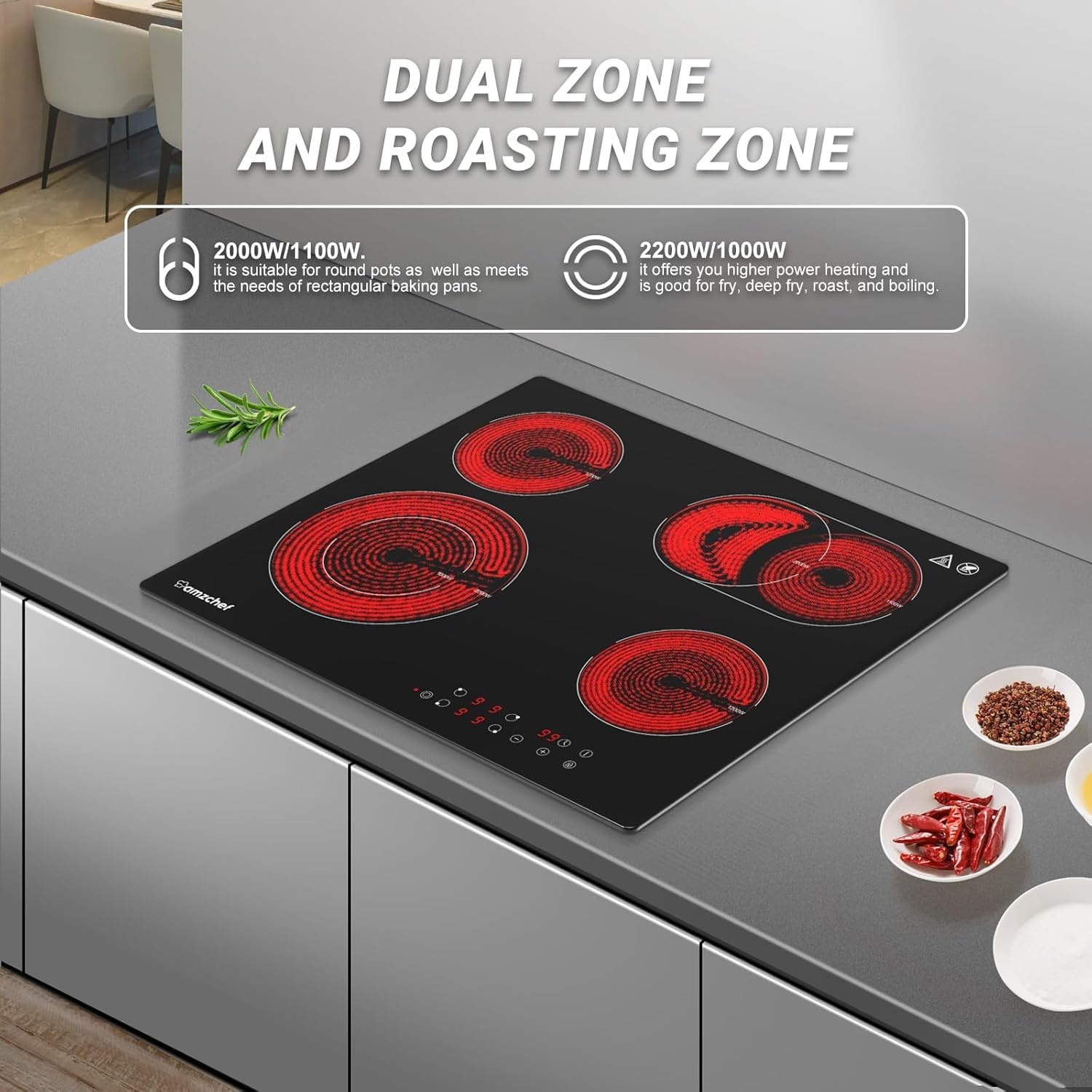 AMZCHEF Keramische kookplaat 60 cm, kookplaat 4 kookplaten 6600W met 9 standen, dual-zone en braadzone, ingebouwde kookplaat met automatische uitschakeling, timer, veiligheidsvergrendeling