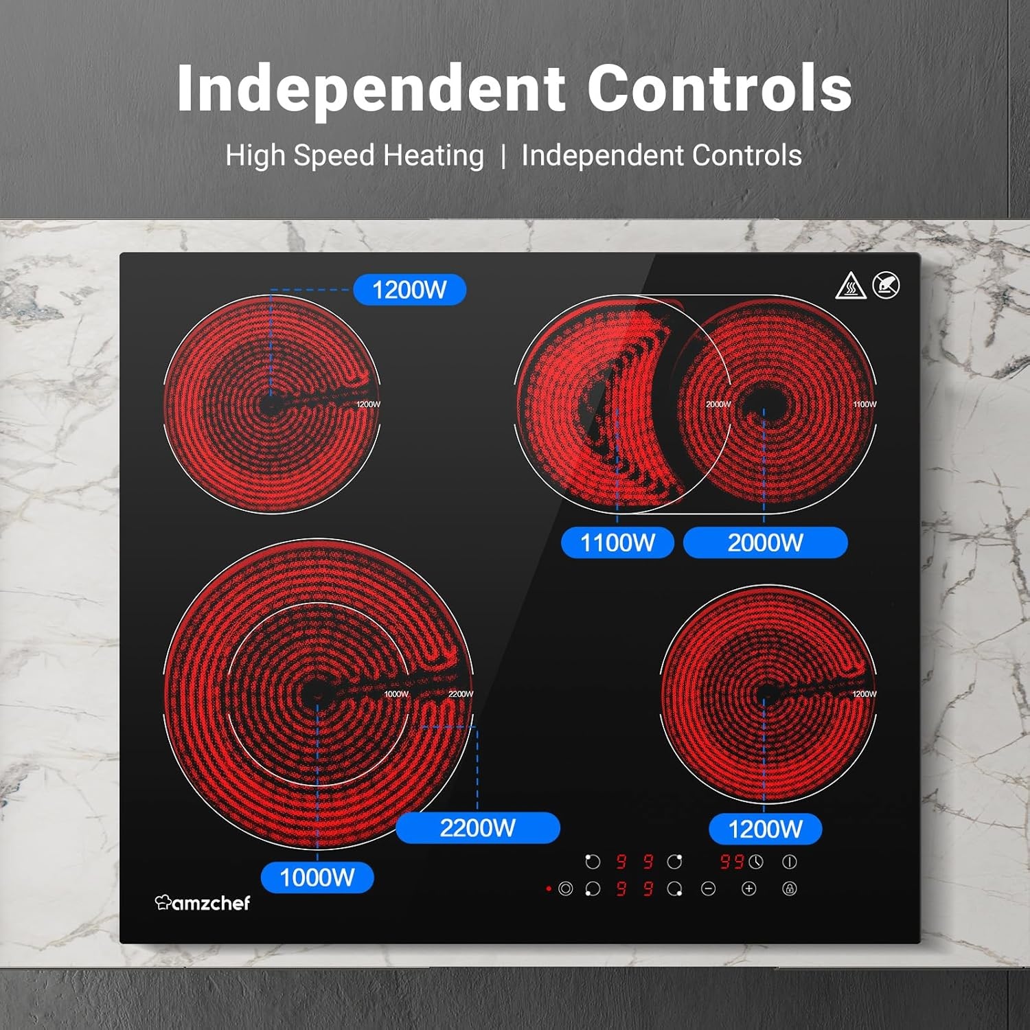 AMZCHEF Keramische kookplaat 60 cm, kookplaat 4 kookplaten 6600W met 9 standen, dual-zone en braadzone, ingebouwde kookplaat met automatische uitschakeling, timer, veiligheidsvergrendeling