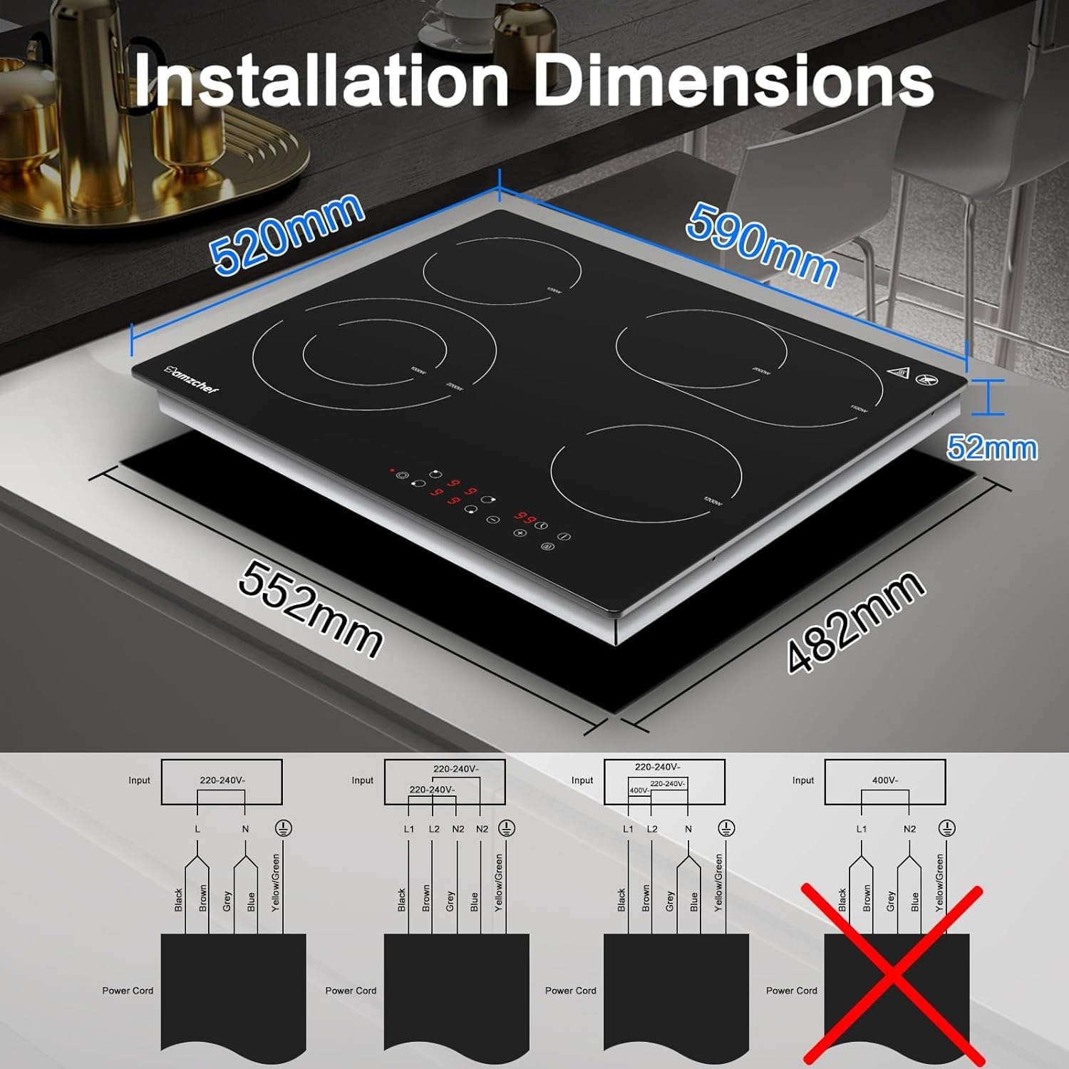 AMZCHEF Keramische kookplaat 60 cm, kookplaat 4 kookplaten 6600W met 9 standen, dual-zone en braadzone, ingebouwde kookplaat met automatische uitschakeling, timer, veiligheidsvergrendeling
