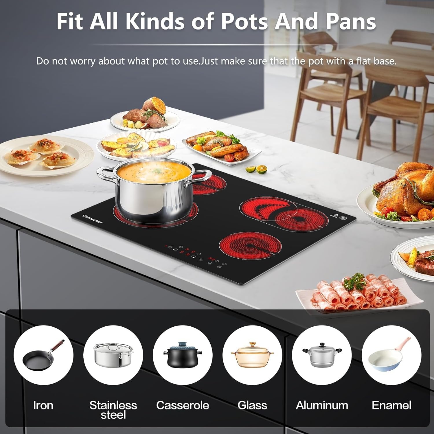 AMZCHEF Keramische kookplaat 60 cm, kookplaat 4 kookplaten 6600W met 9 standen, dual-zone en braadzone, ingebouwde kookplaat met automatische uitschakeling, timer, veiligheidsvergrendeling