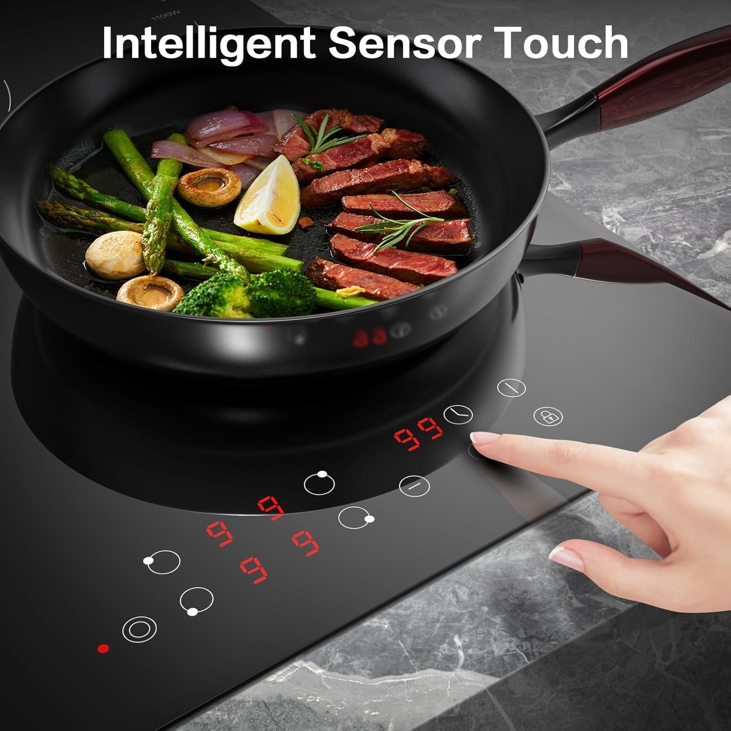 AMZCHEF Keramische kookplaat 60 cm, kookplaat 4 kookplaten 6600W met 9 standen, dual-zone en braadzone, ingebouwde kookplaat met automatische uitschakeling, timer, veiligheidsvergrendeling