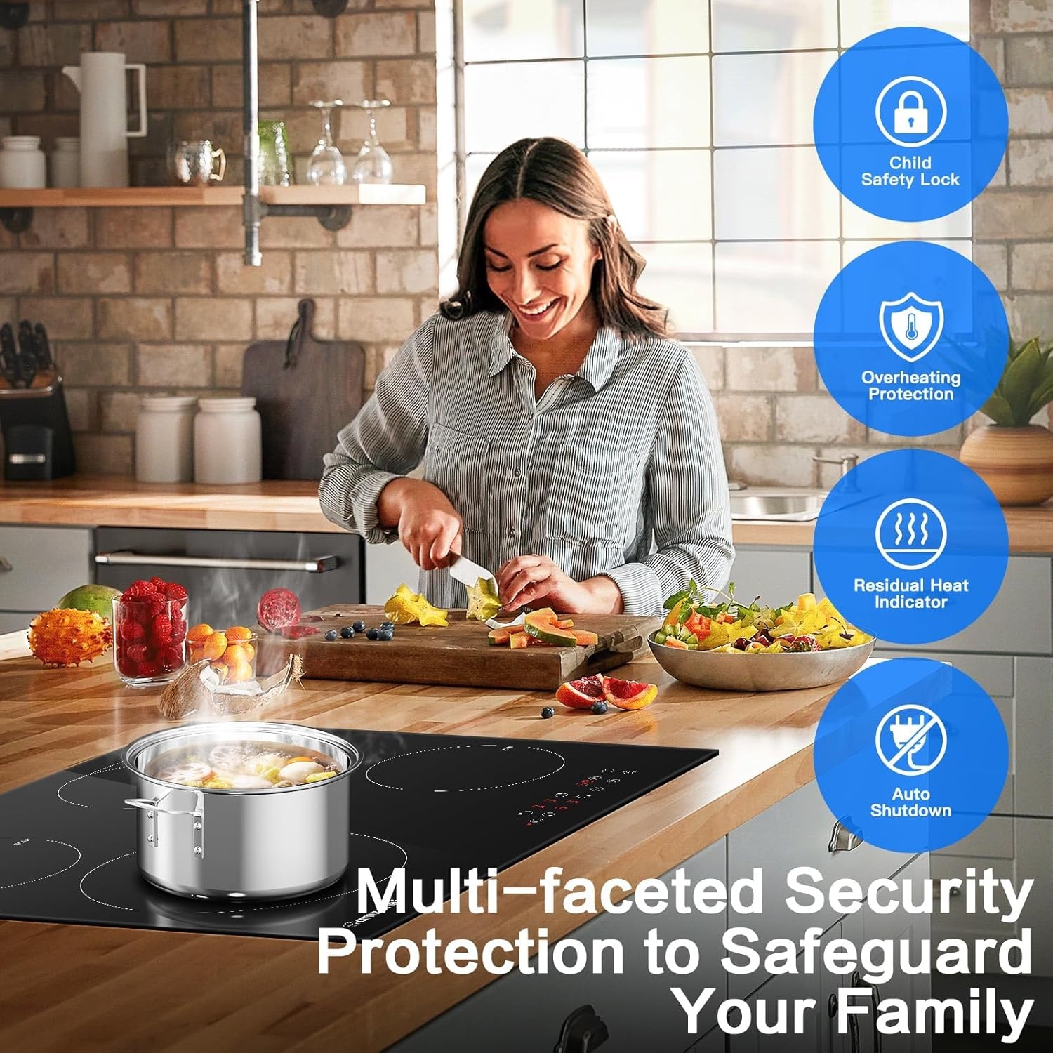 AMZCHEF Keramische kookplaat 60 cm, kookplaat 4 kookplaten 6600W met 9 standen, dual-zone en braadzone, ingebouwde kookplaat met automatische uitschakeling, timer, veiligheidsvergrendeling