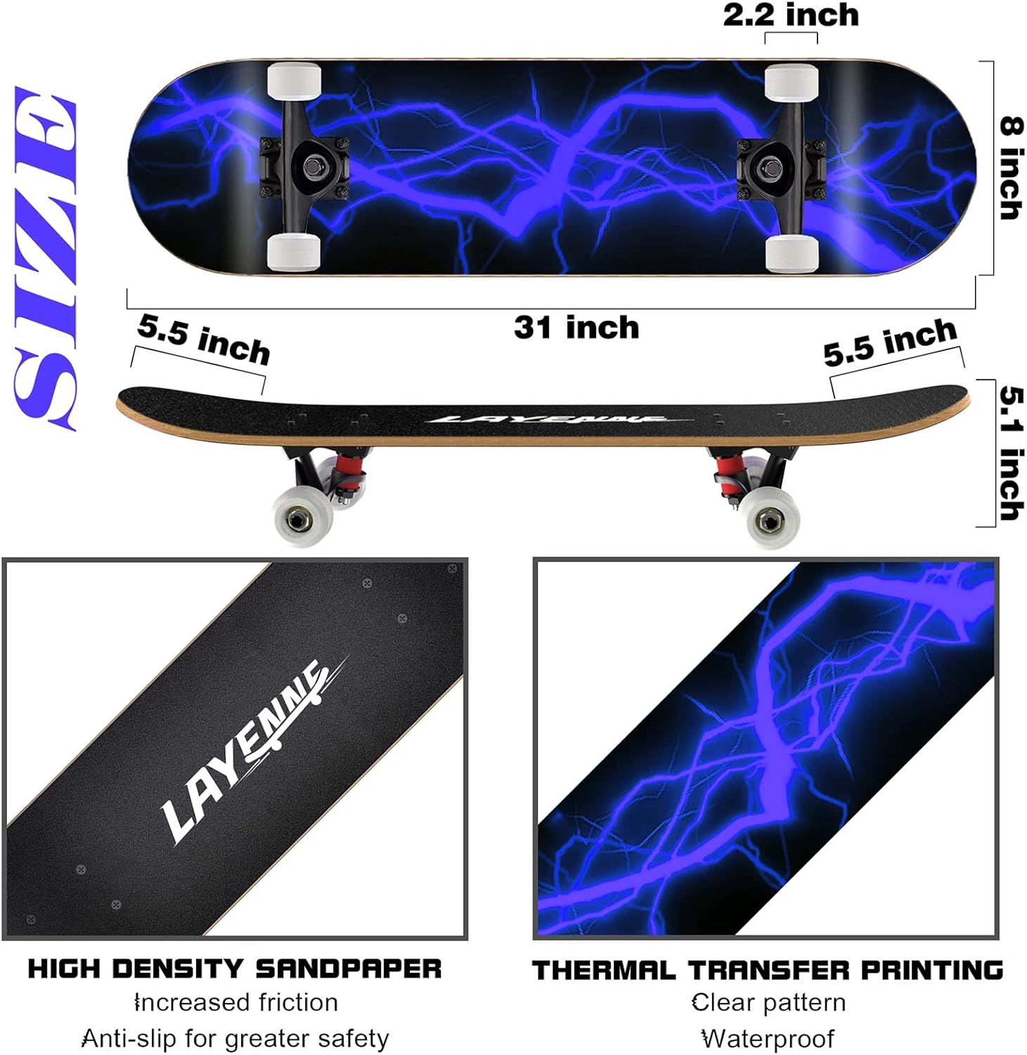 LAYENNE Skateboard, Professional Complete Skateboard, 81 x 20 cm, 7 Layer Maple Board, ABEC-11 Support, Suitable for Adults, Beginners, Boys, Girls, Teenagers and Children