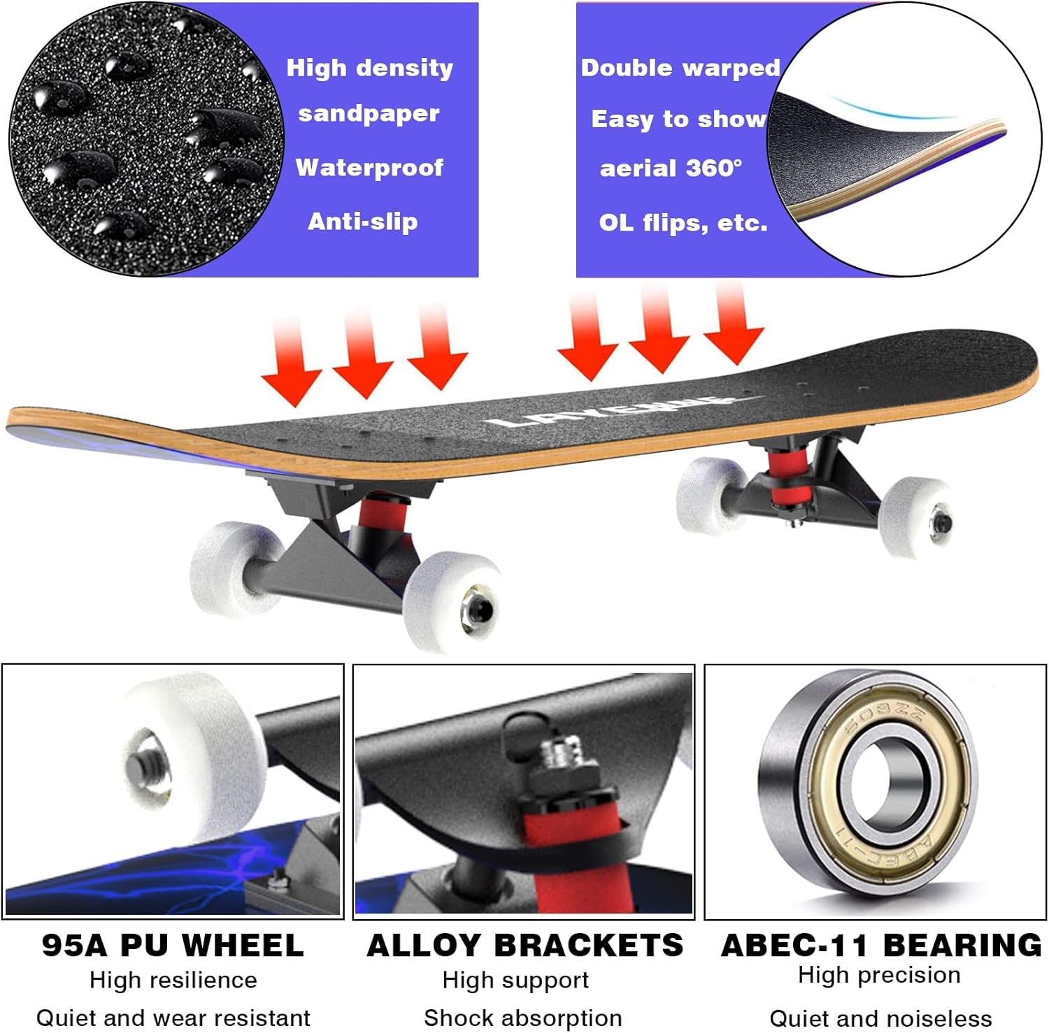 LAYENNE Skateboard, Professional Complete Skateboard, 81 x 20 cm, 7 Layer Maple Board, ABEC-11 Support, Suitable for Adults, Beginners, Boys, Girls, Teenagers and Children