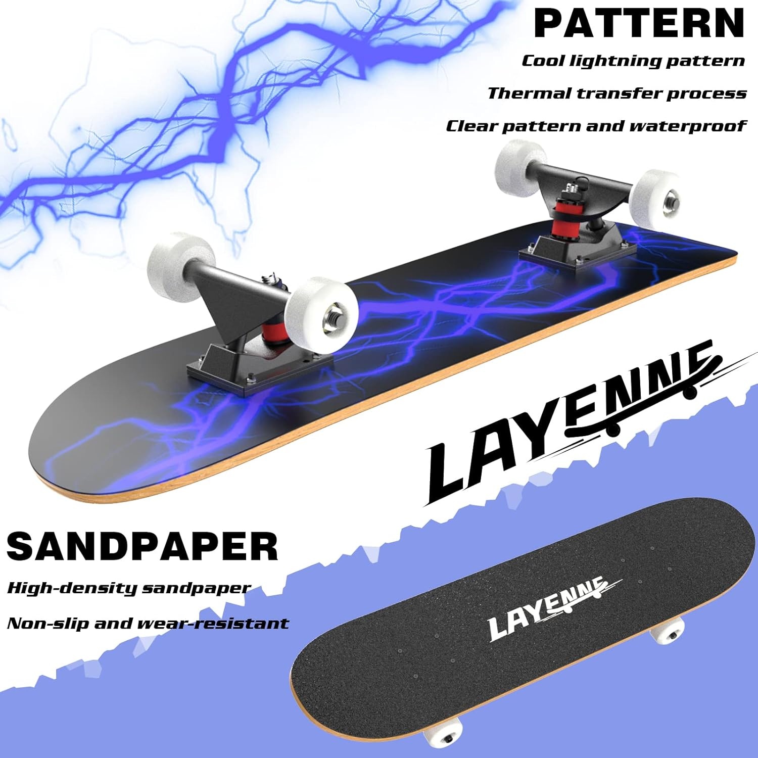 LAYENNE Skateboard, Professional Complete Skateboard, 81 x 20 cm, 7 Layer Maple Board, ABEC-11 Support, Suitable for Adults, Beginners, Boys, Girls, Teenagers and Children