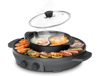 2000W Electric 2 in 1 Hot Pot and Grill Suitable for 2-8 People Large Dimension 50cm BBQ Grill Hot Pot with Divider, Evenly Heats with Independent Temperature Control, Nonstick and Smokeless