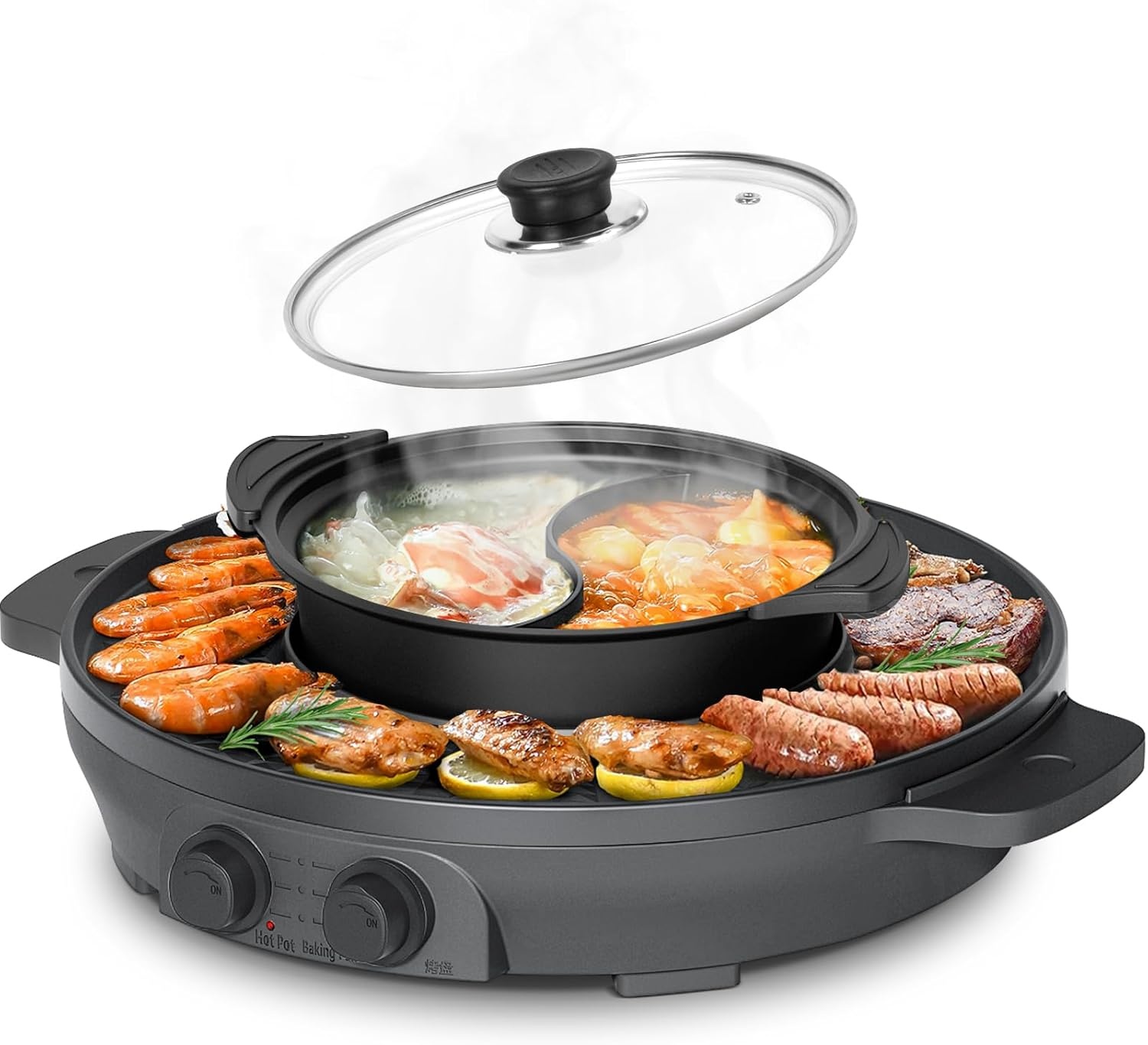2000W Electric 2 in 1 Hot Pot and Grill Suitable for 2-8 People Large Dimension 50cm BBQ Grill Hot Pot with Divider, Evenly Heats with Independent Temperature Control, Nonstick and Smokeless
