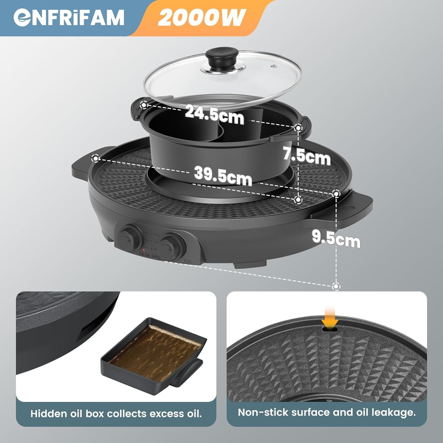 2000W Electric 2 in 1 Hot Pot and Grill Suitable for 2-8 People Large Dimension 50cm BBQ Grill Hot Pot with Divider, Evenly Heats with Independent Temperature Control, Nonstick and Smokeless