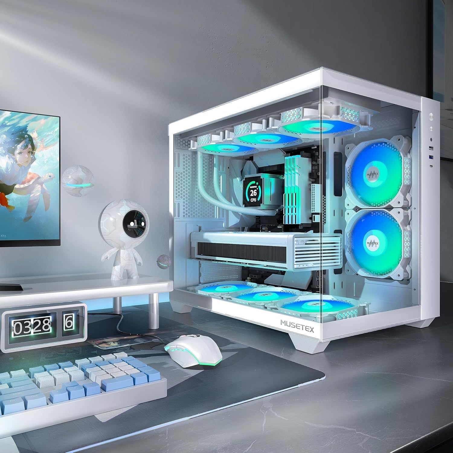 MUSETEX Y6 Mid Tower PC-hoes, wit, 5 x 120 mm PWM ARGB-ventilatoren, 270° gehard glas, ATX, Micro-ITX, 7 uitbreidingssleuven, USB 3.2 Type-C, 6,7 kg