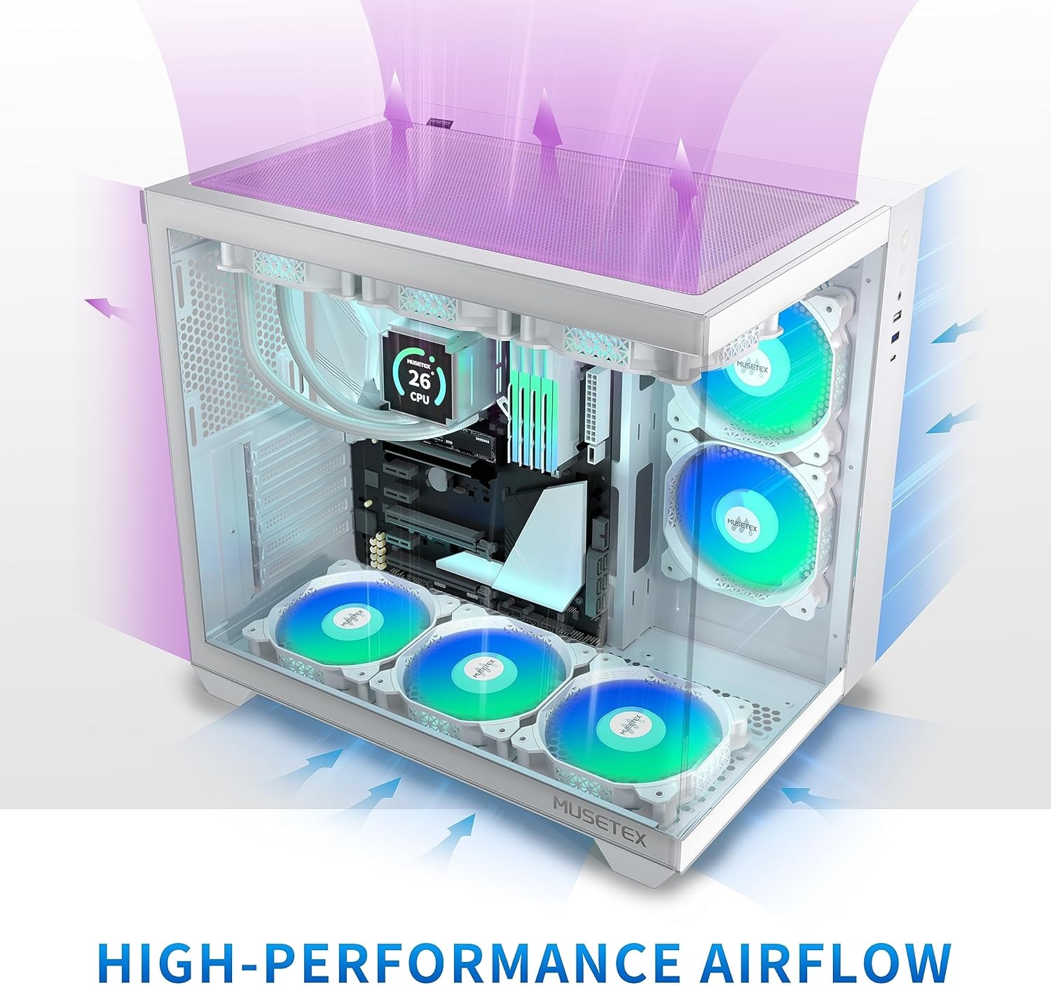 MUSETEX Y6 Mid Tower PC-hoes, wit, 5 x 120 mm PWM ARGB-ventilatoren, 270° gehard glas, ATX, Micro-ITX, 7 uitbreidingssleuven, USB 3.2 Type-C, 6,7 kg