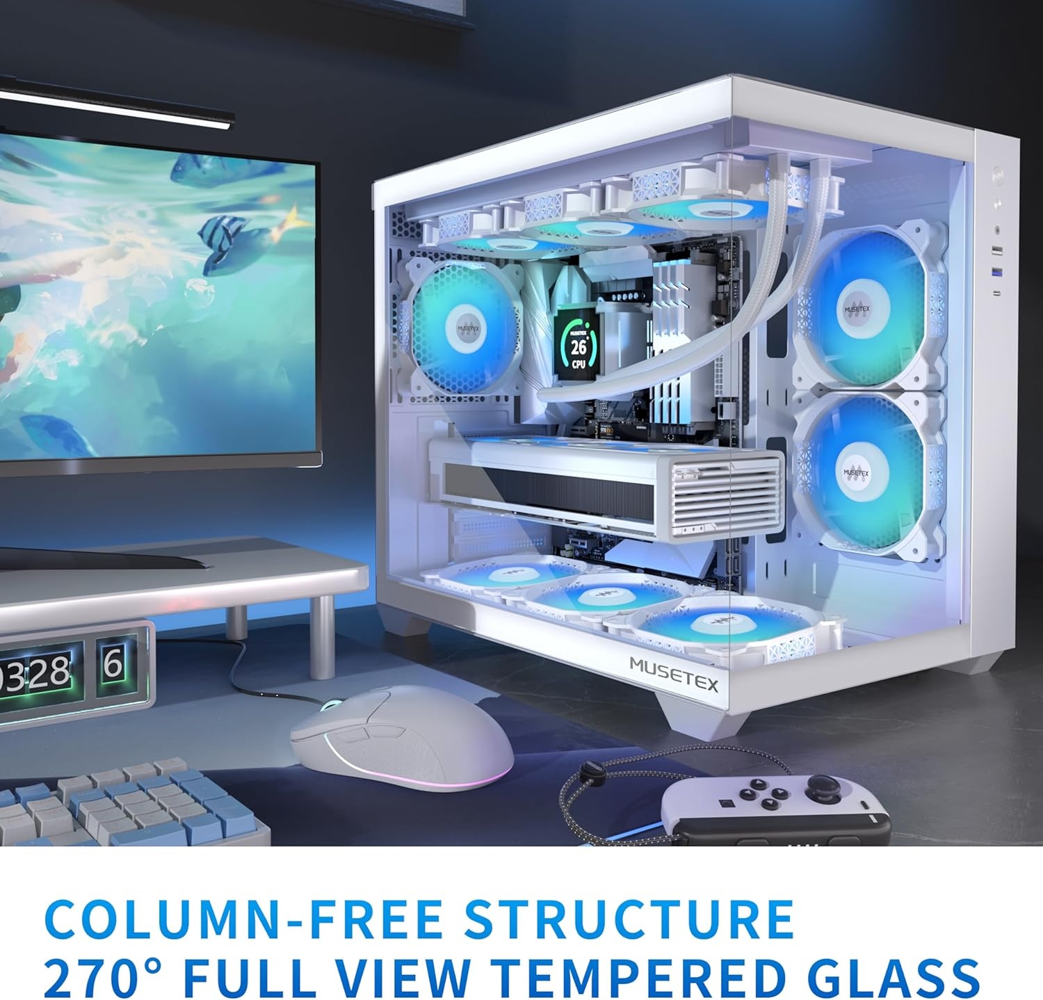 MUSETEX Y6 Mid Tower PC-hoes, wit, 5 x 120 mm PWM ARGB-ventilatoren, 270° gehard glas, ATX, Micro-ITX, 7 uitbreidingssleuven, USB 3.2 Type-C, 6,7 kg